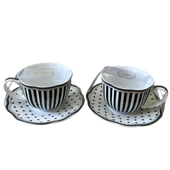GRACE TEAWARE Black & White Striped Polka Dots Teacup and Saucer Set of 2 New - Picture 1 of 16